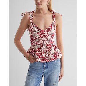 {Express} Floral V-Neck Tie Strap Faux Wrap Peplum Tank - Size XL